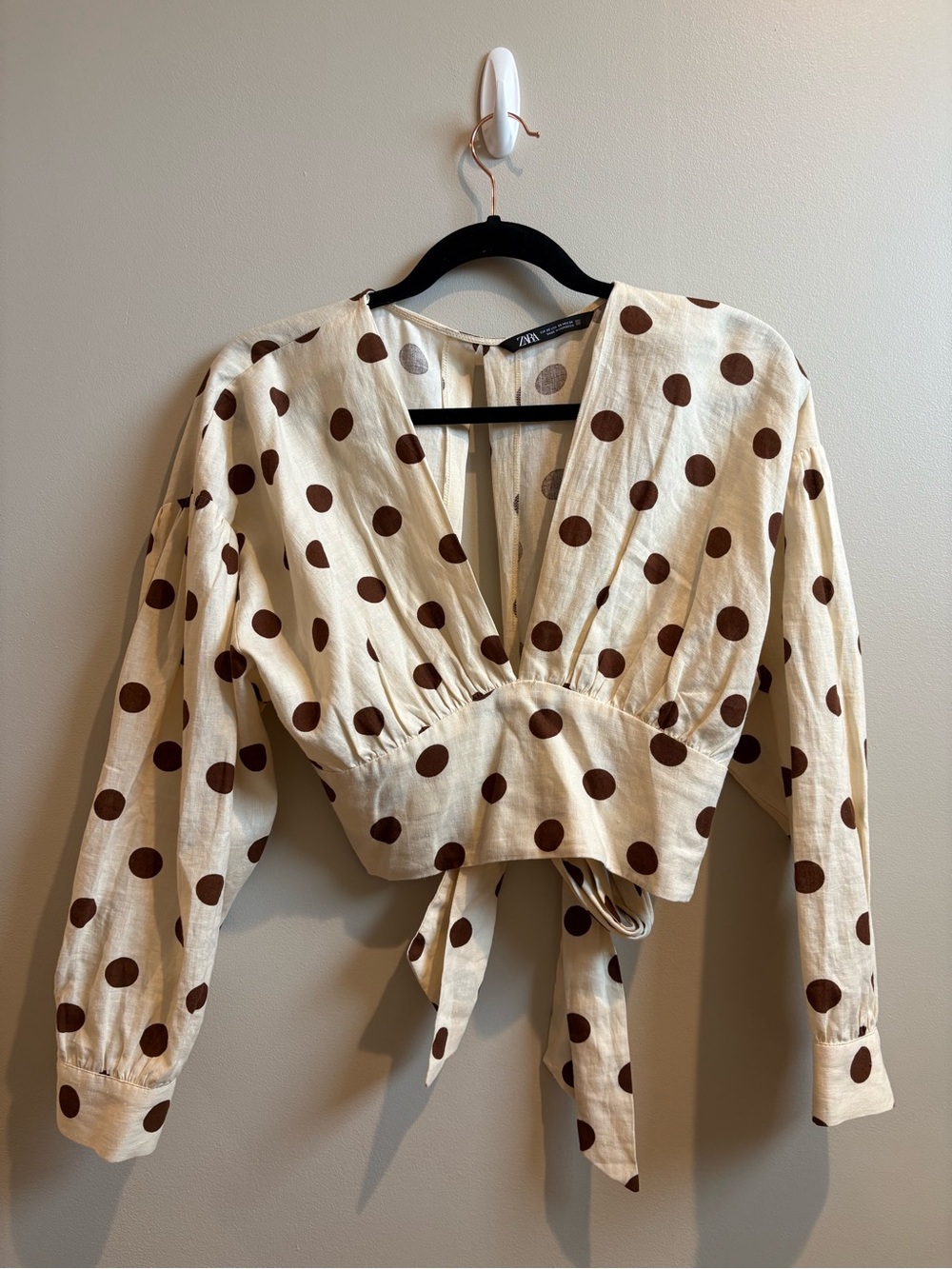 ZARA Cream Blouse with Brown Polka Dots and Tie Front